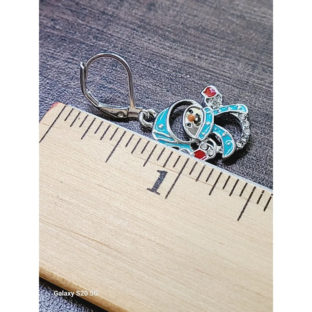 Snowman Enamel Drop‎ Earrings Silver Tone Blue Winter Holiday Rhinestone Dangle